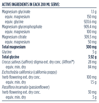 Ingredients panel — Designs for Health Tri-Mag Restful Night Powder Lemon Lemonade 210g