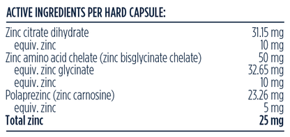 Ingredients panel — Designs for Health Tri-Zinc Supreme 60 Capsules