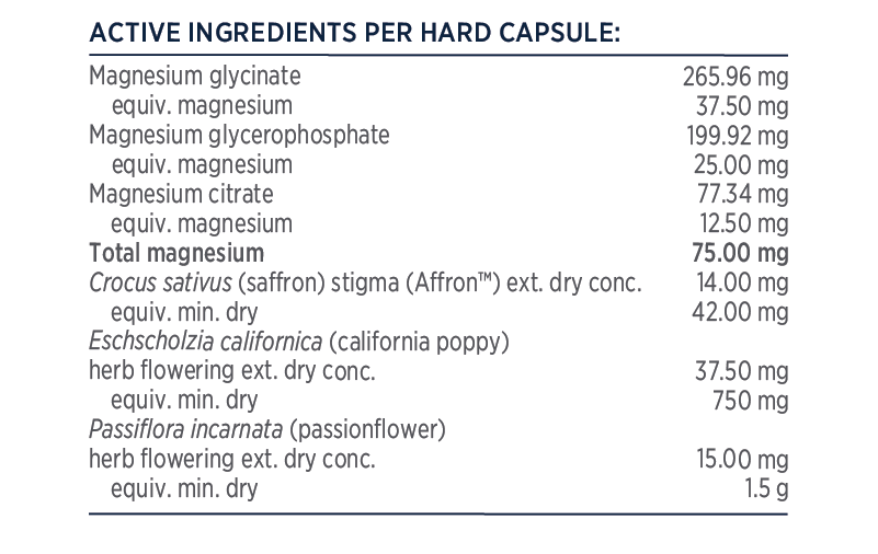 Ingredients panel — Designs for Health Tri-Mag Restful Night Capsules 60 Caps